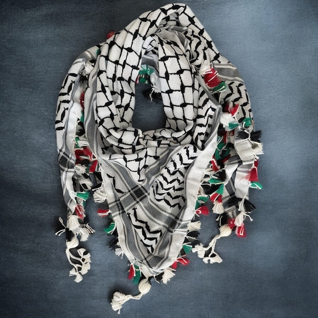Classic Kufiya (Keffiyeh) | Black & White with Hand-Tied Flag Tassels – Made in Jordan - Palestinian Scarf