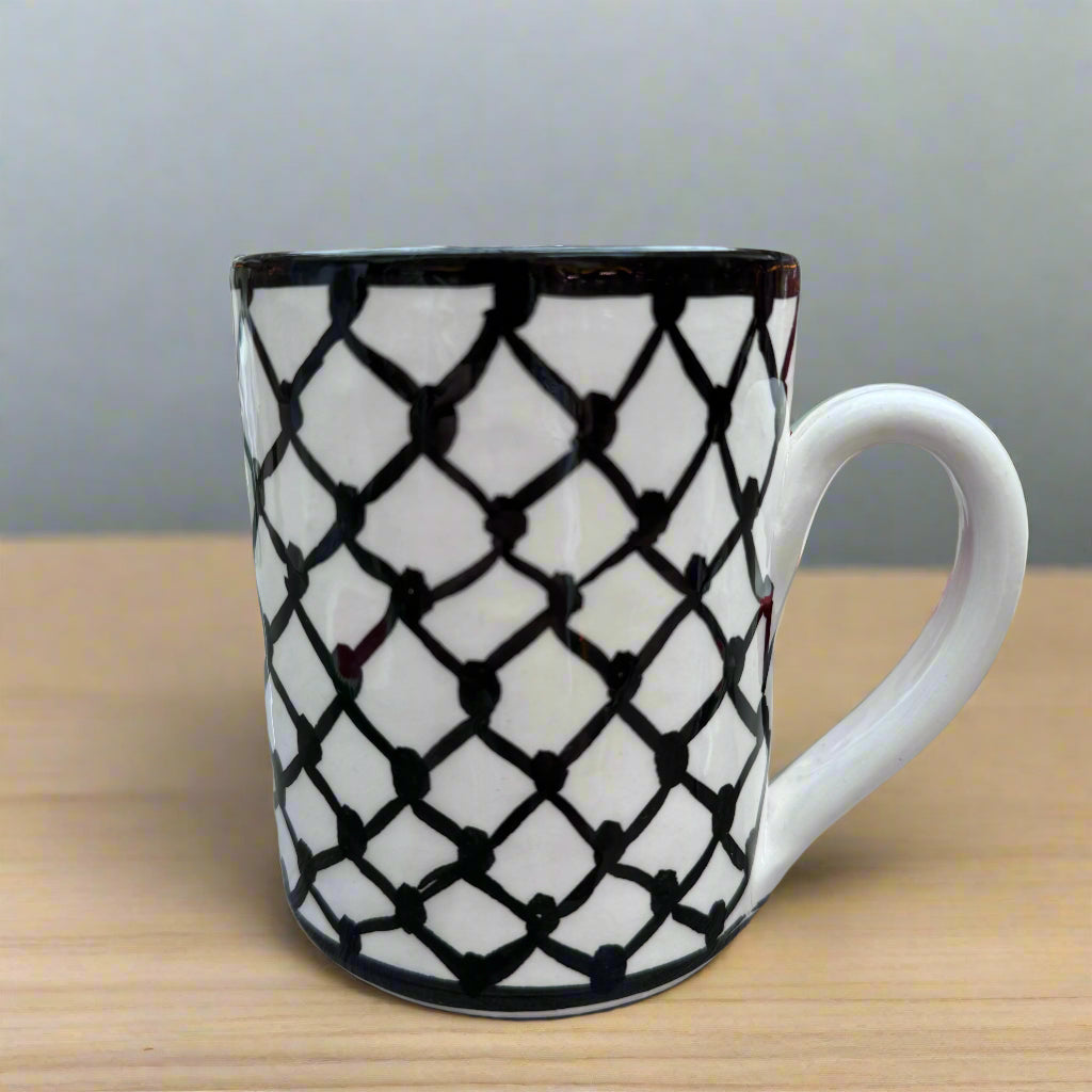 Kufiya Mugs | Single & Set of 2 – Hand-Painted Palestinian Ceramic | Made in Jordan