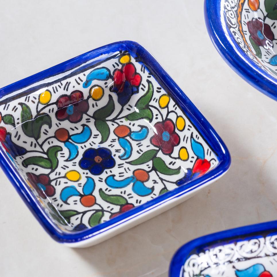 Square Side Dishes – Hand-Painted Palestinian Ceramic | Multicolor & Navy