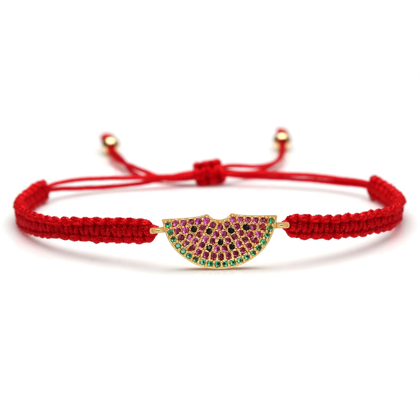 Cubic Zirconia CZ Brass Watermelon Charm Bracelet Women Girl Red String Macrame Square Knot Adjustable Fruit Jewelry Present