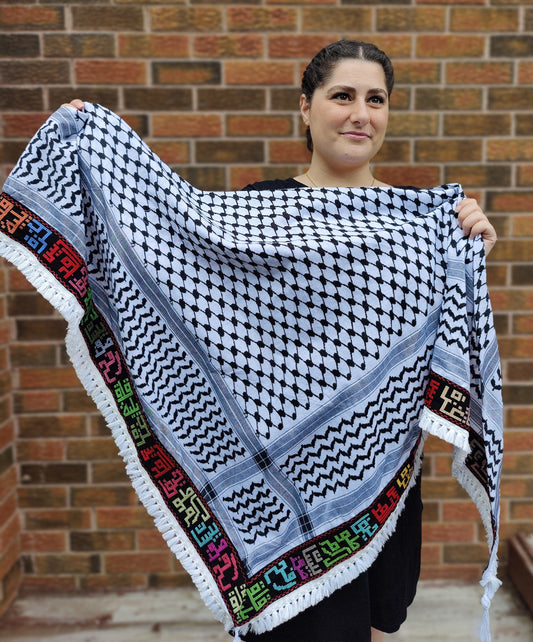 Palestinian Cities Kufiya (Keffiyeh) | Triangle Shawl with Embroidered City Names – Made in Jordan - Palestinian Scarf
