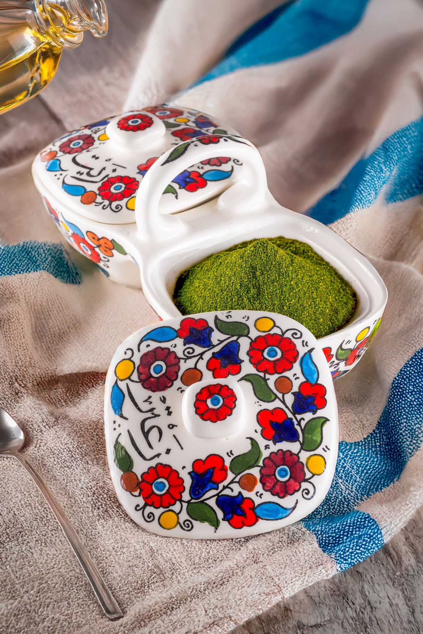 Olive Oil & Za’atar Double Dip Dish – Hand-Painted Palestinian Ceramic | Multicolor & Navy