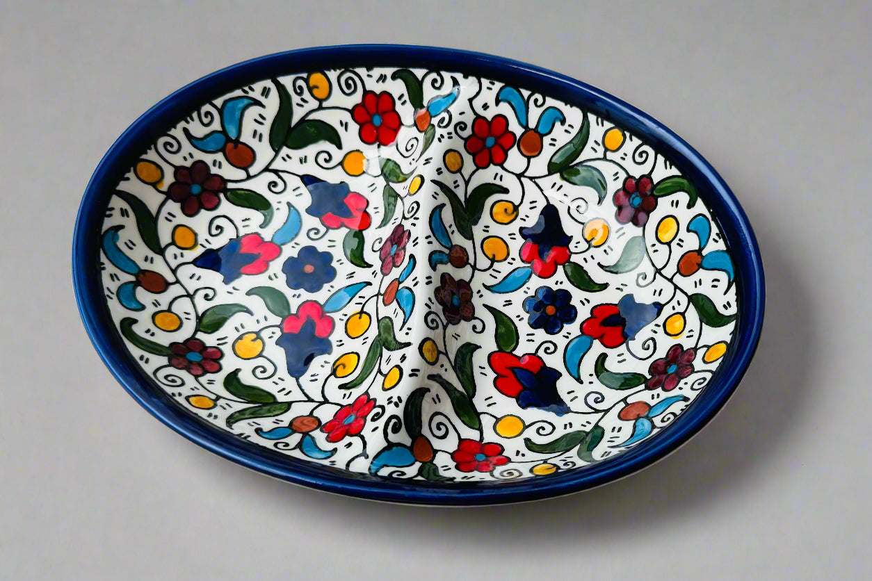 Oval Double Dip Side – Hand-Painted Palestinian Ceramic | Multicolor & Navy
