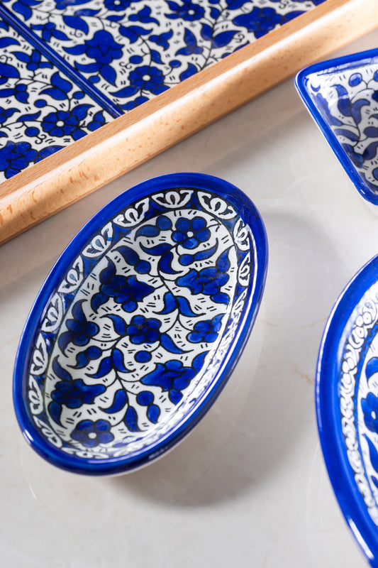 Oval Side Dishes | Small & Large – Hand-Painted Palestinian Ceramic | Multicolor & Navy
