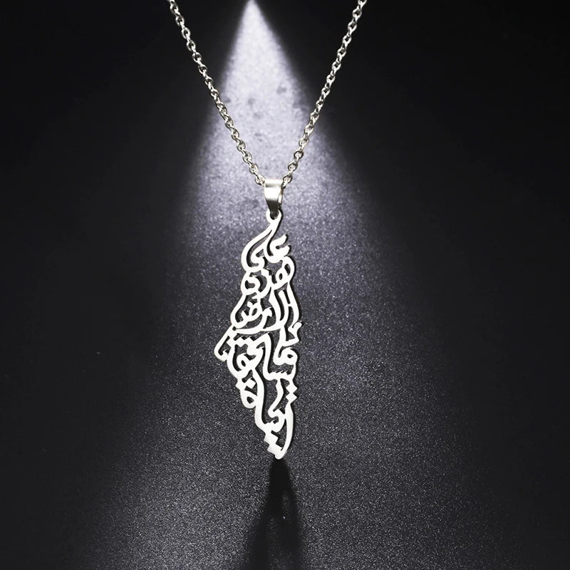 Ethnic Arabic Calligraphy Palestine Map Pendant Necklace For Women Men Stainless Steel Jewelry