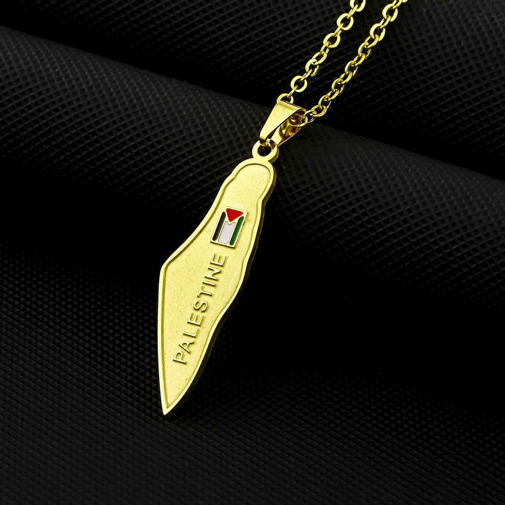 State of Palestine Map Flag Pendant Necklace Stainless Steel Palestinians Maps Jewelry For Men Women Gift