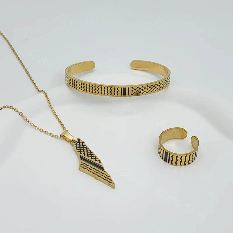 Stainless Steel Kufiya Scarf Pattern Pendant Necklaces Ring Bracelet Jewelry Set Geometric Map Charm Gift for Women Men