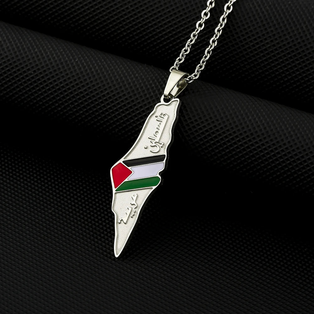 State of Palestine Map Flag Pendant Necklace Stainless Steel Palestinians Maps Jewelry For Men Women Gift