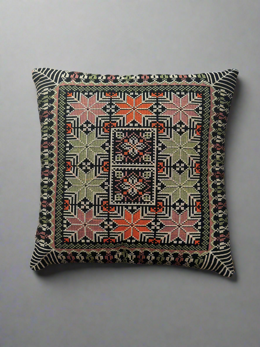 Tatreez Cushion Cover - Green with Orange | 16x16" Palestinian Embroidery