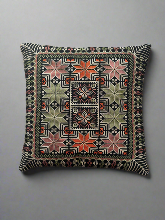 Tatreez Cushion Cover - Green with Orange | 16x16" Palestinian Embroidery
