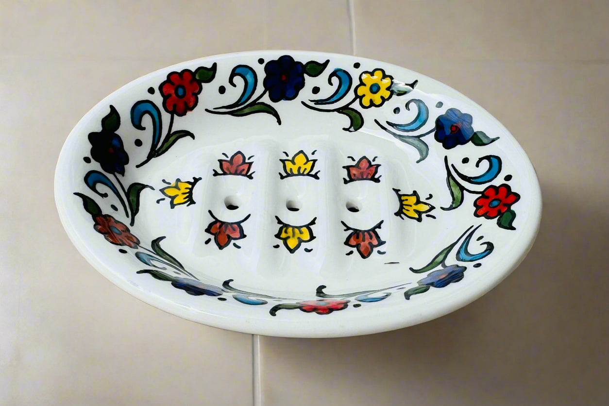 Soap Dish – Hand-Painted Palestinian Ceramic | Multicolor & Navy