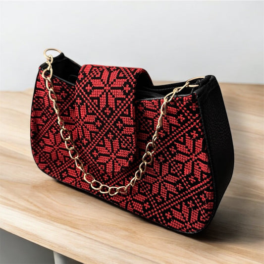 Palestinian Tatreez Purse – Golden Chain with Removable Shoulder Strap