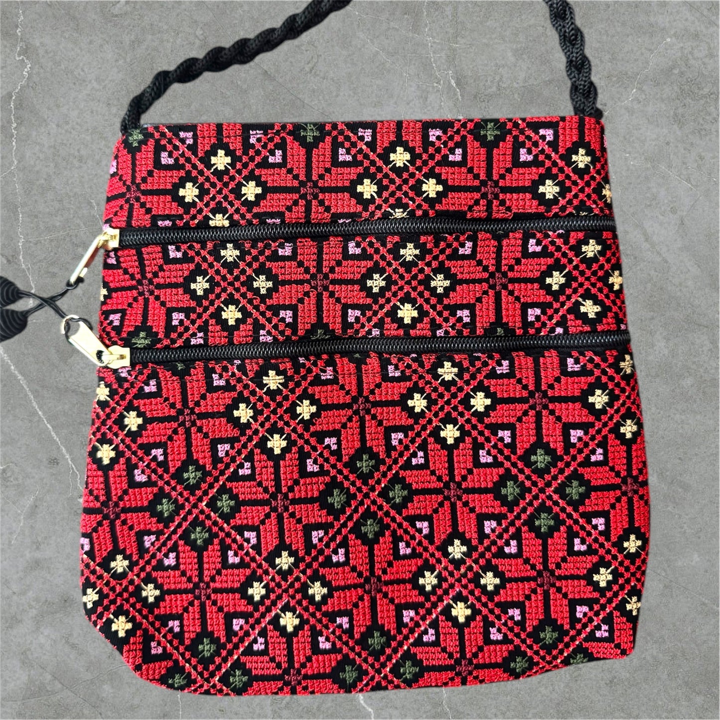 Tatreez Kufiya Shoulder Pouch - Handcrafted Double-Sided Embroidery with 3 Zipper Compartments | Made in Jordan by Palestinians