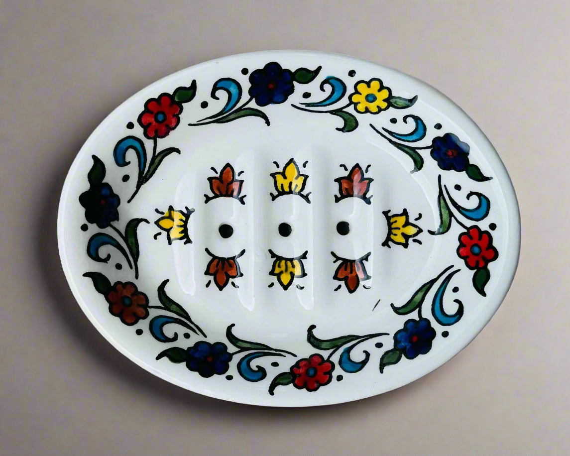 Soap Dish – Hand-Painted Palestinian Ceramic | Multicolor & Navy