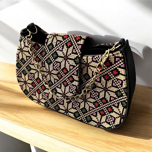 Palestinian Tatreez Purse – Golden Chain with Removable Shoulder Strap
