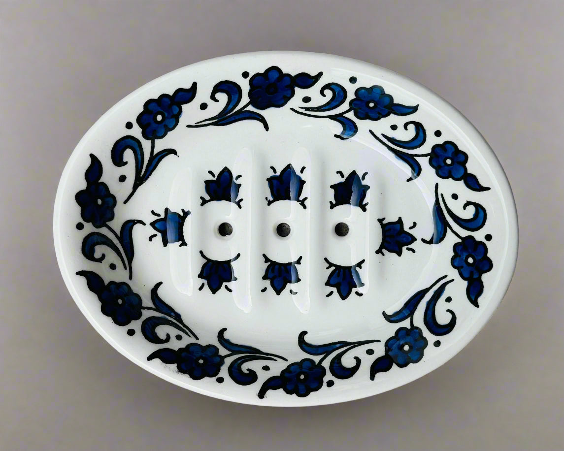 Soap Dish – Hand-Painted Palestinian Ceramic | Multicolor & Navy