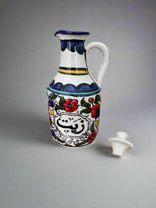 Oil Jug – Hand-Painted Palestinian Ceramic | Multicolor & Navy