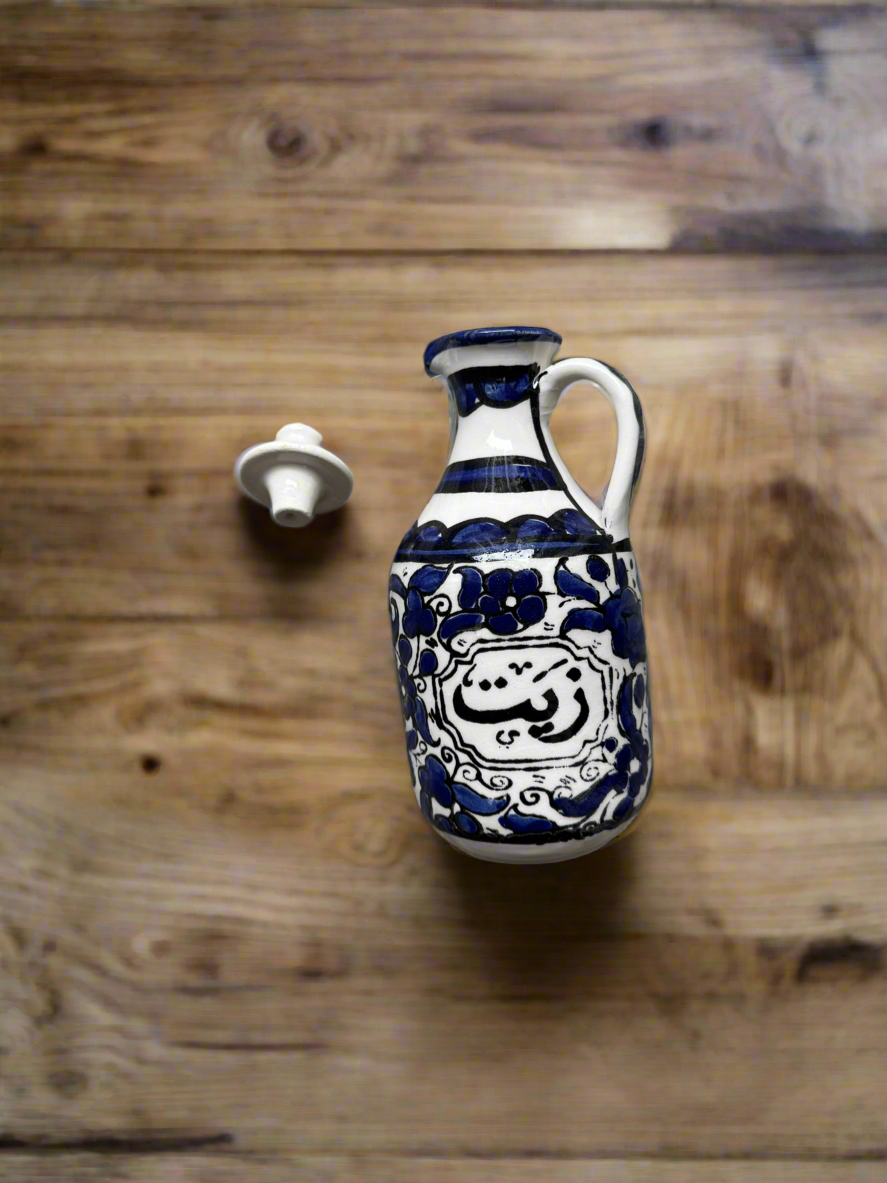 Oil Jug – Hand-Painted Palestinian Ceramic | Multicolor & Navy