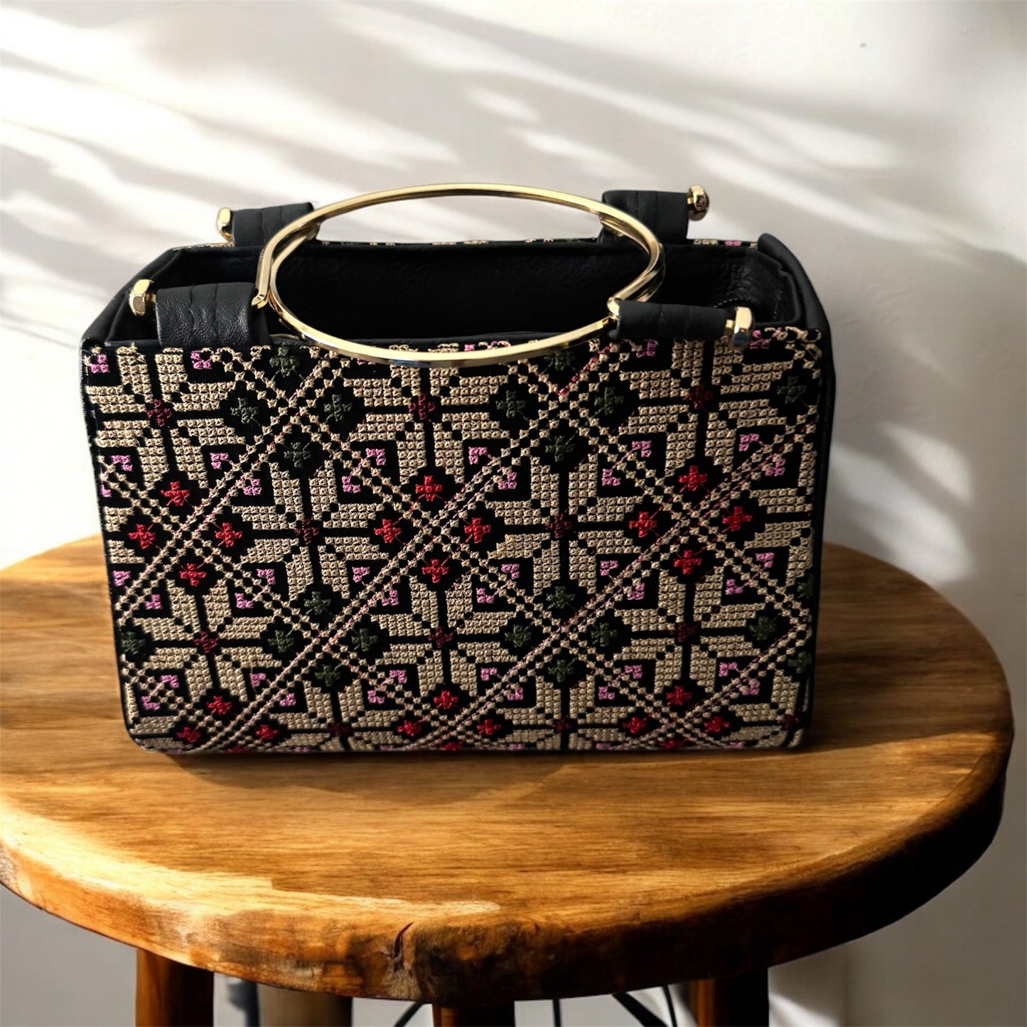 Small Tatreez Purse – Golden Handle with Optional Shoulder Strap