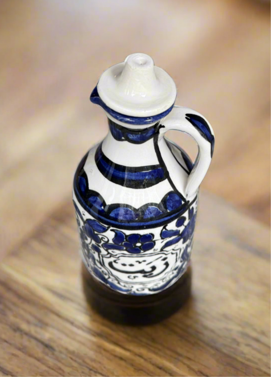 Oil Jug – Hand-Painted Palestinian Ceramic | Multicolor & Navy