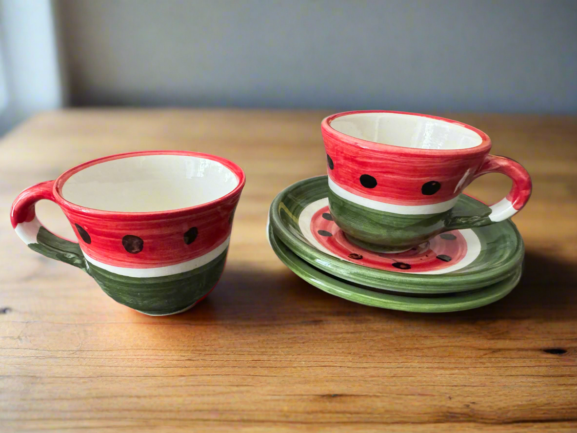 Coffee Cups – Sada & Helweh | Watermelon Design – Hand-Painted Palestinian Ceramic | Made in Jordan
