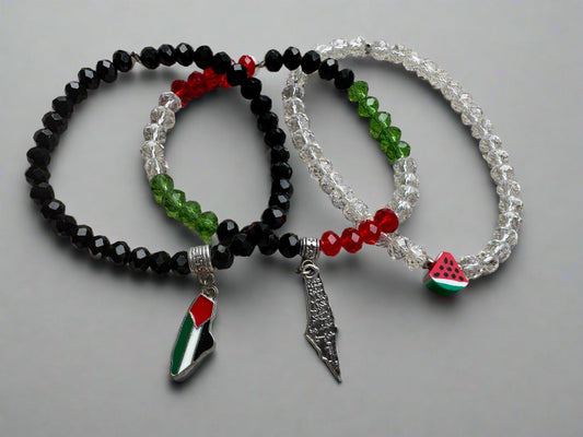 Beaded Bracelets | Watermelon & Palestine Map Charms – Black, White, Multicolor
