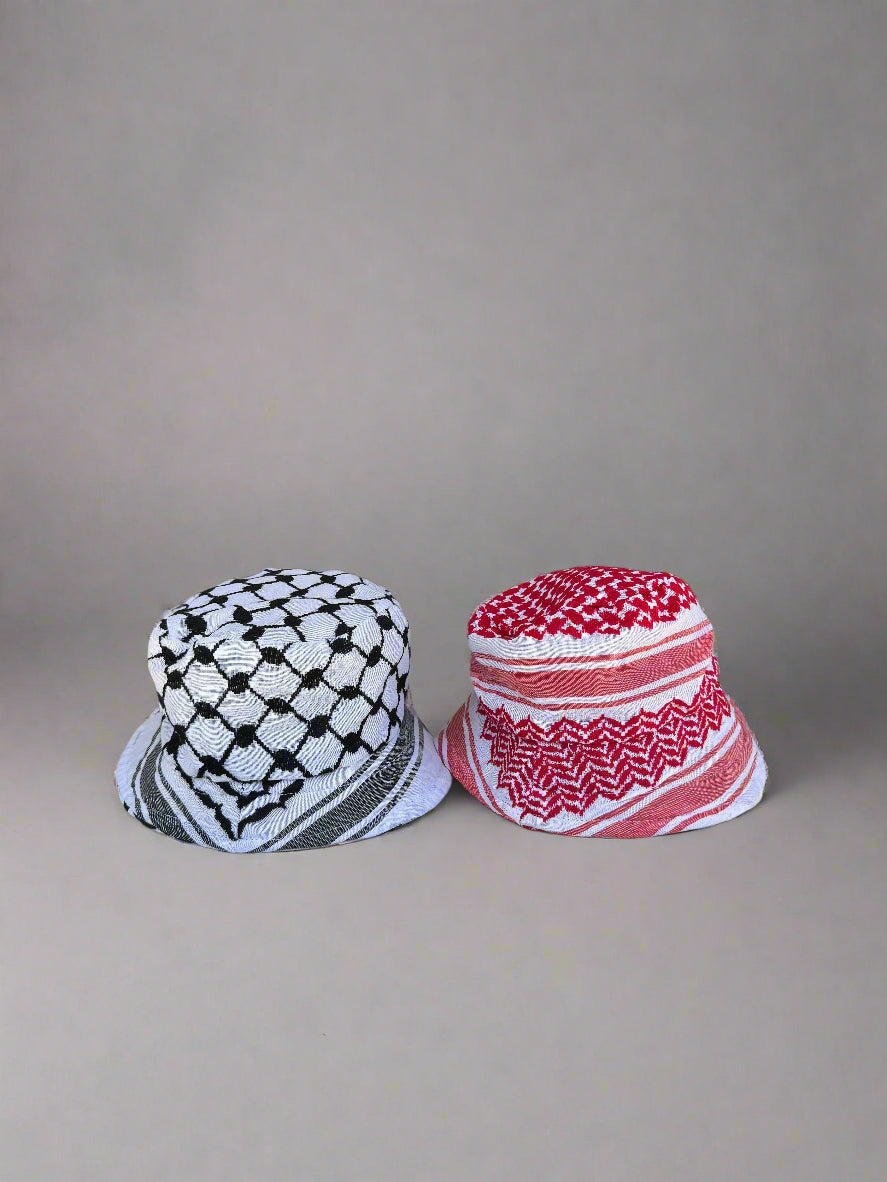 Kufiya Bucket Hat – Black & White or Red & White Shemagh | Woven in Jordan by Palestinian Artisans