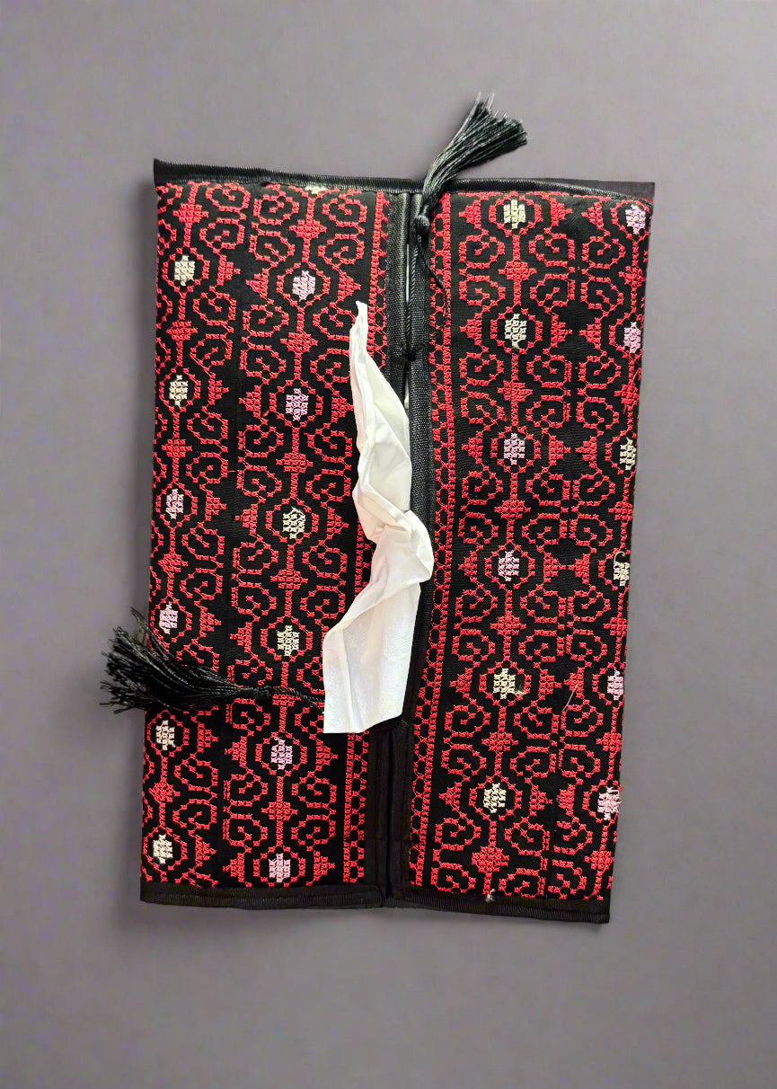 Tatreez Tissue Box | Red, Gold & Teal – Handcrafted Fabric Cover Made in Jordan