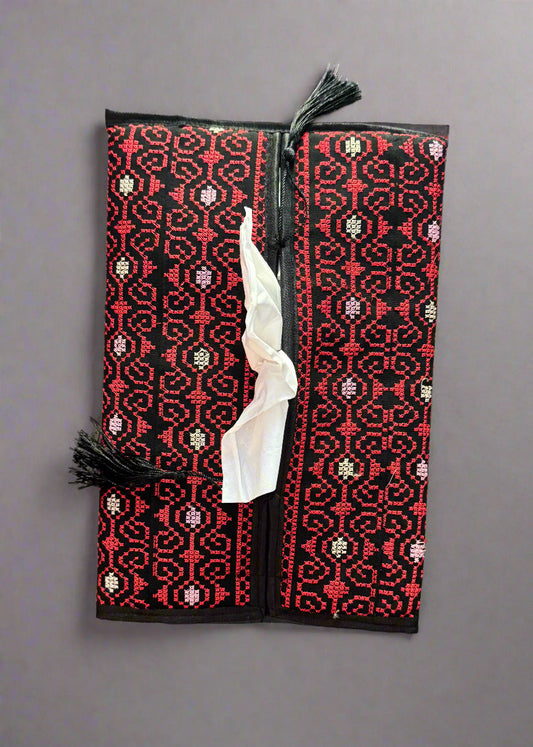Tatreez Tissue Box | Red, Gold & Teal – Handcrafted Fabric Cover Made in Jordan