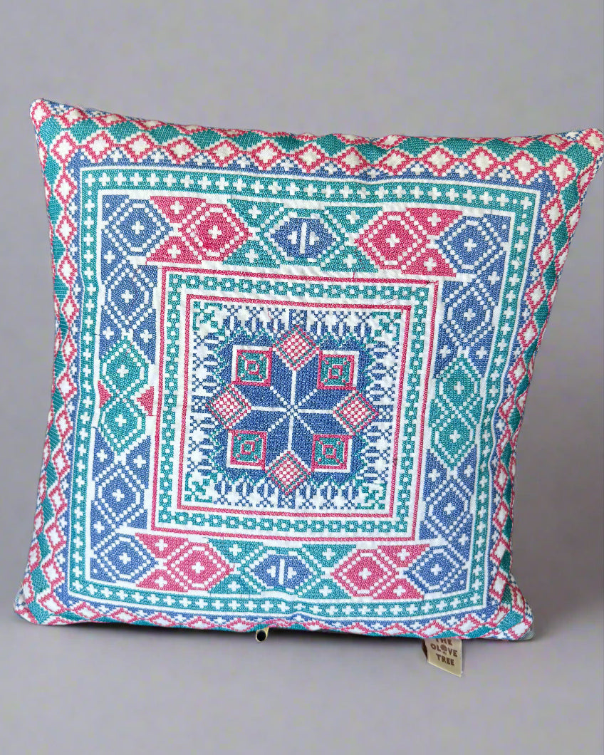 Tatreez Cushion Cover - Blue & Pink on White | 16x16" Palestinian Embroidery