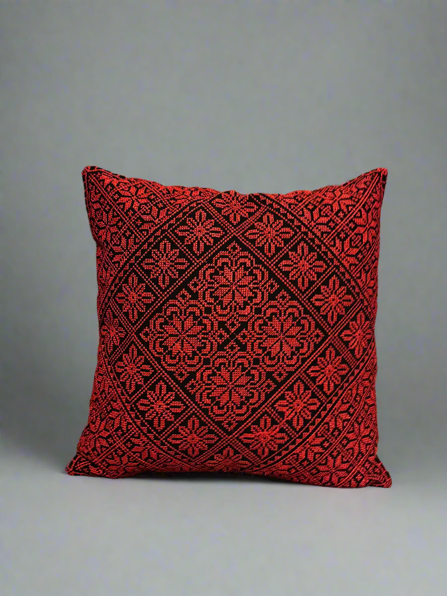 Tatreez Cushion Cover - Red on Black | 16x16" Palestinian Embroidery