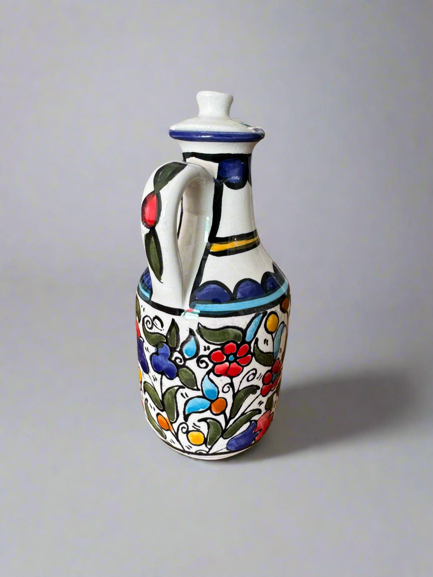 Oil Jug – Hand-Painted Palestinian Ceramic | Multicolor & Navy