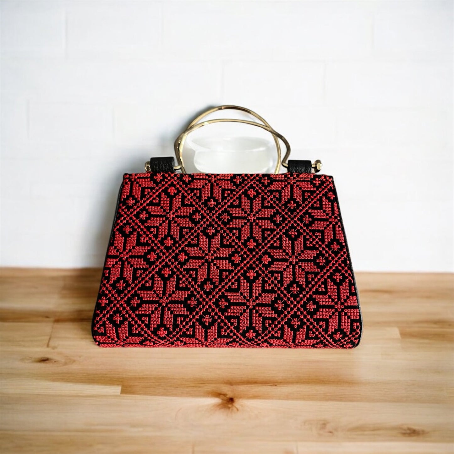 Small Tatreez Purse – Golden Handle with Optional Shoulder Strap