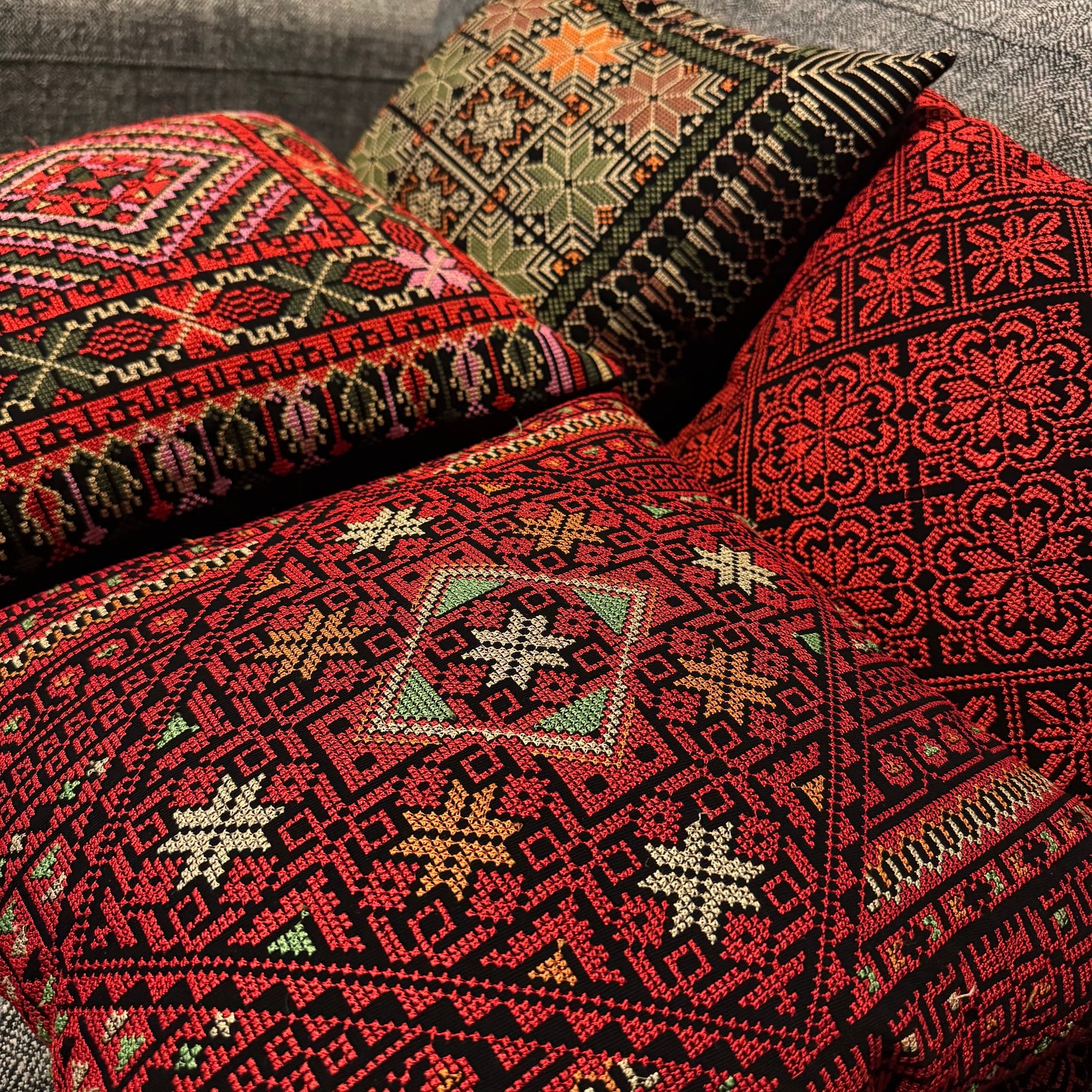 Tatreez Cushion Cover - Red with Green | 16x16" Palestinian Embroidery