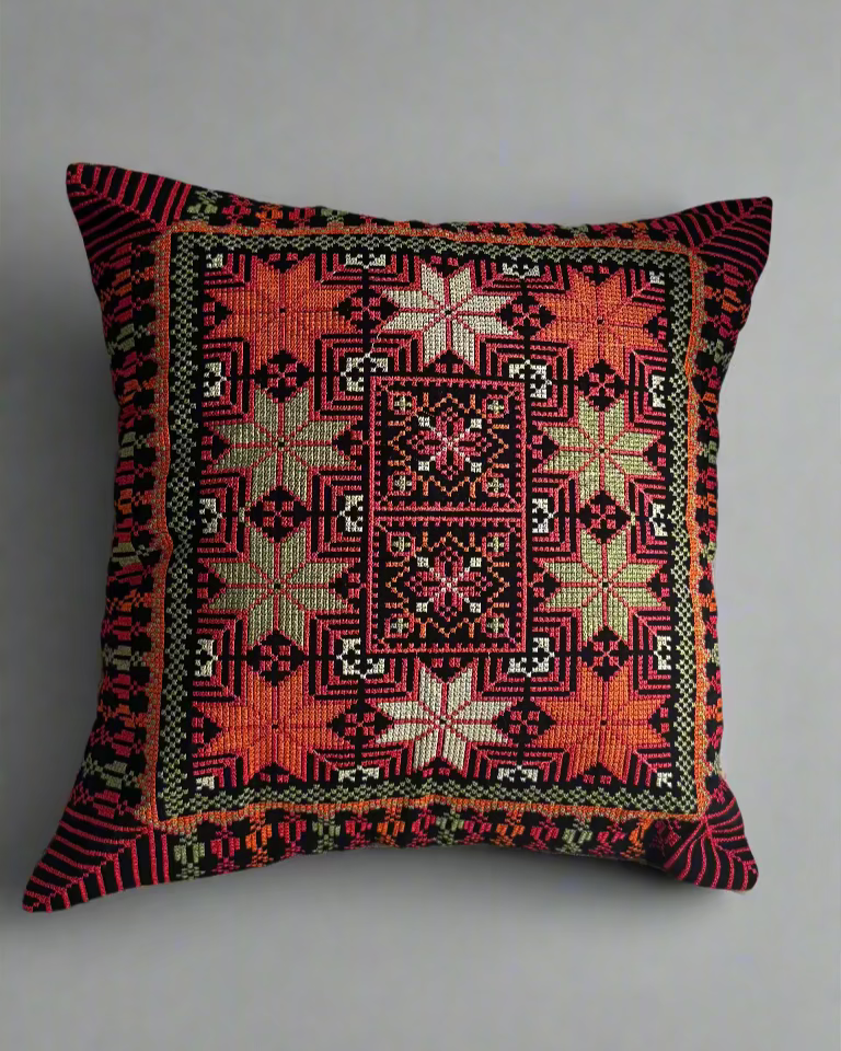 Tatreez Cushion Cover - Red with Orange | 16x16" Palestinian Embroidery