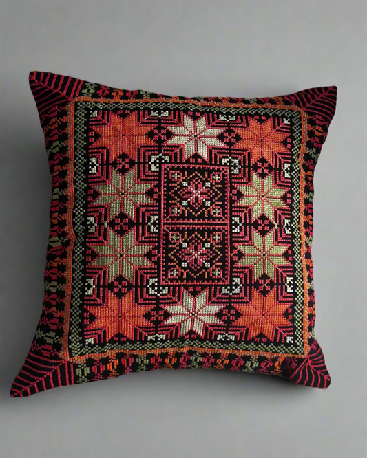 Tatreez Cushion Cover - Red with Orange | 16x16" Palestinian Embroidery