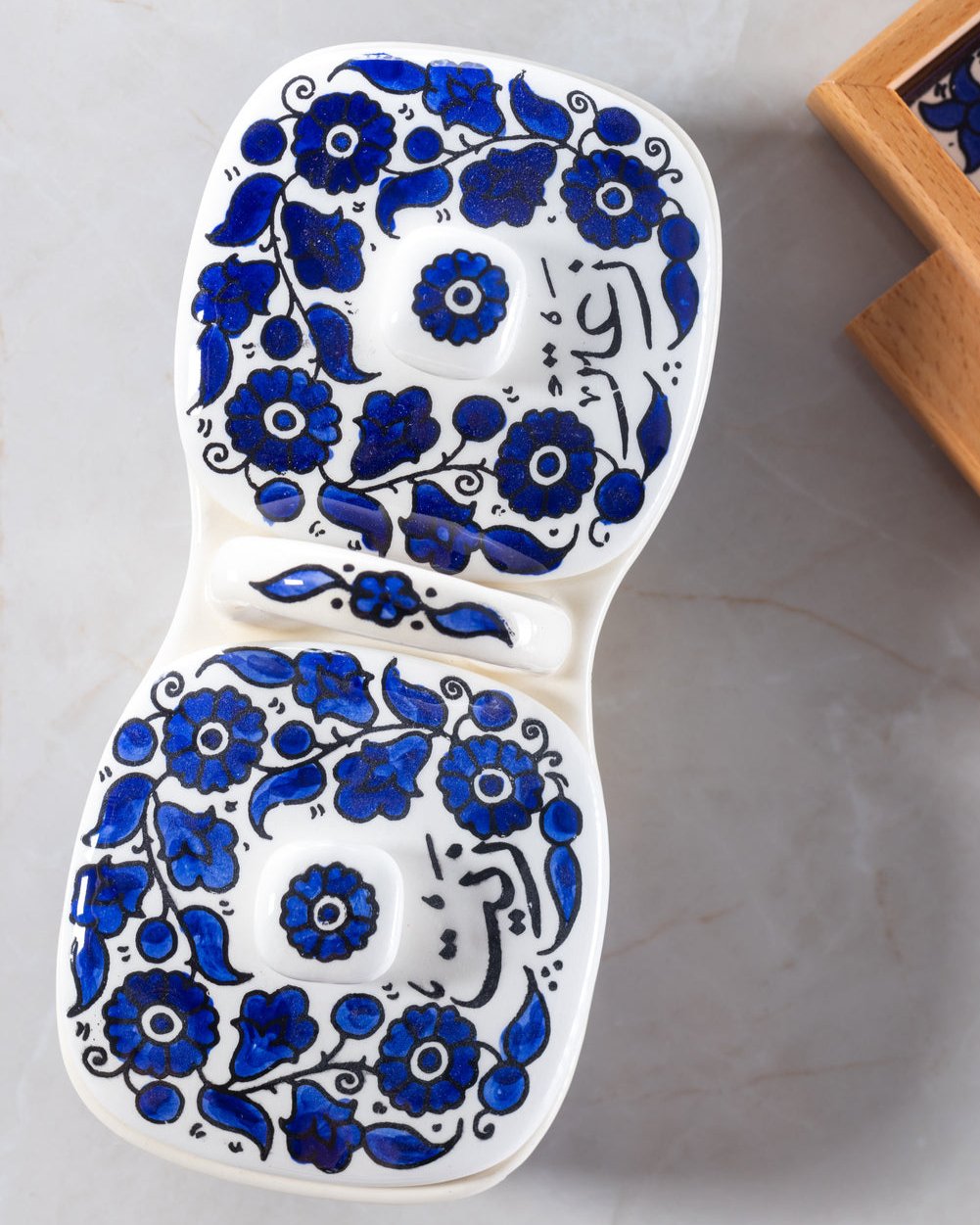 Olive Oil & Za’atar Double Dip Dish – Hand-Painted Palestinian Ceramic | Multicolor & Navy