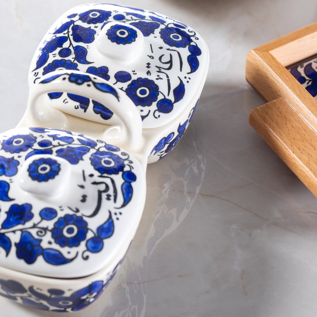 Olive Oil & Za’atar Double Dip Dish – Hand-Painted Palestinian Ceramic | Multicolor & Navy