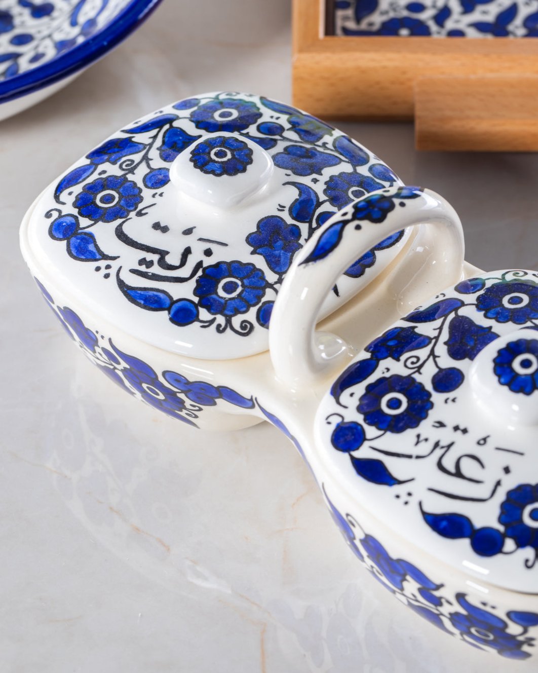 Olive Oil & Za’atar Double Dip Dish – Hand-Painted Palestinian Ceramic | Multicolor & Navy