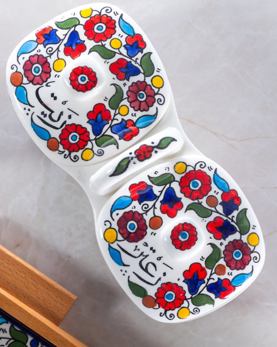 Olive Oil & Za’atar Double Dip Dish – Hand-Painted Palestinian Ceramic | Multicolor & Navy