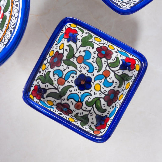 Square Side Dishes – Hand-Painted Palestinian Ceramic | Multicolor & Navy