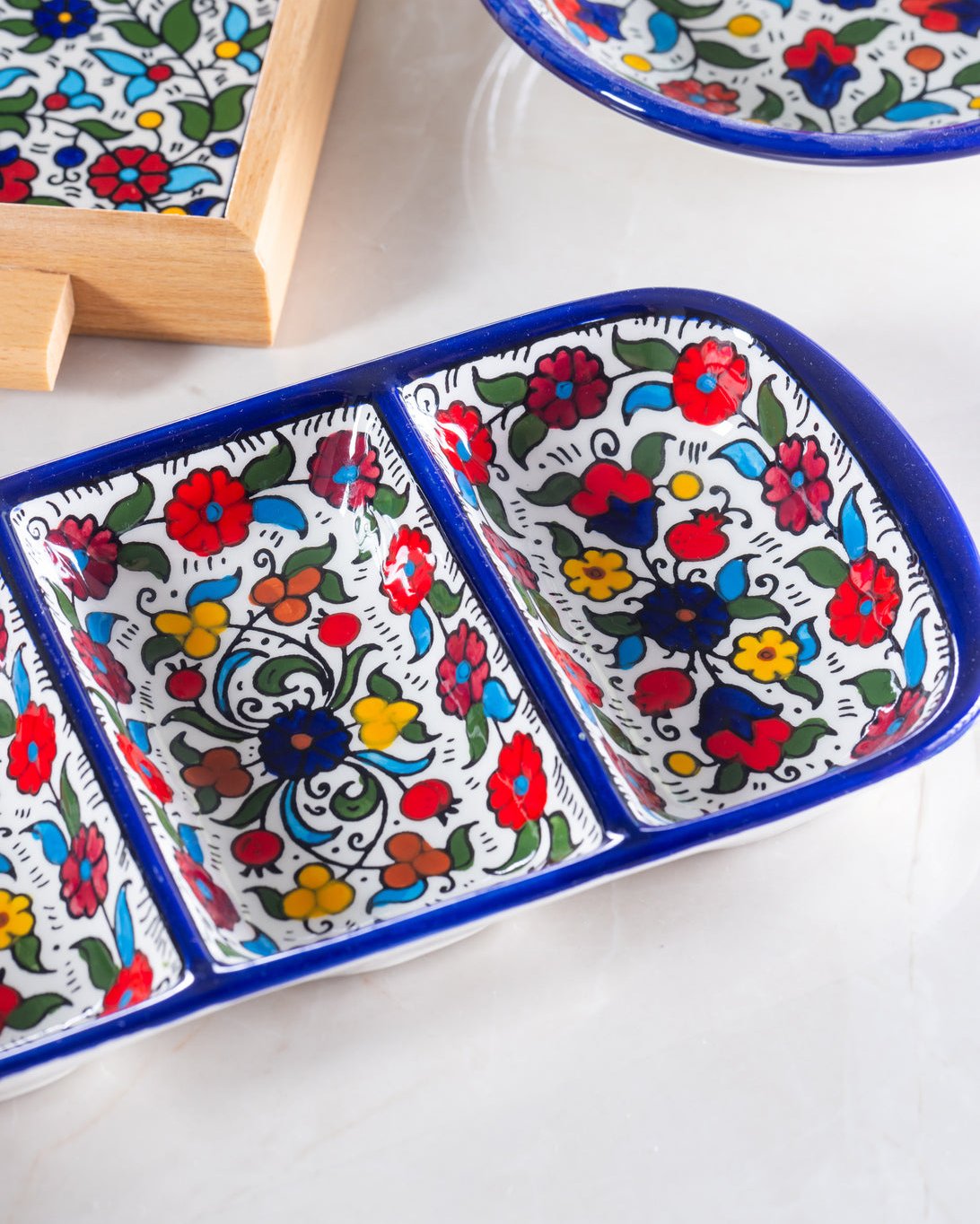 Triple Dip Platter – Hand-Painted Palestinian Ceramic | Multicolor & Navy