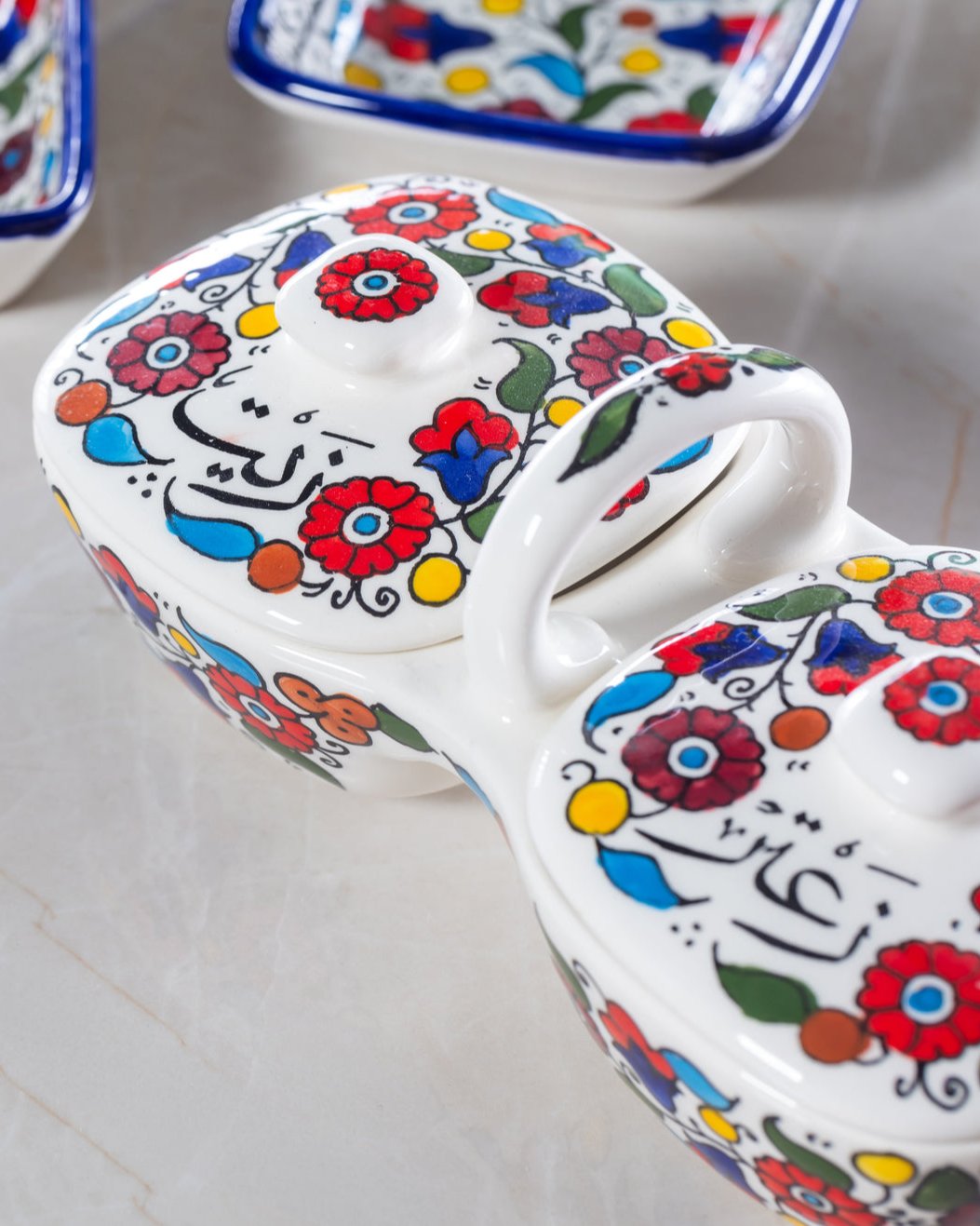Olive Oil & Za’atar Double Dip Dish – Hand-Painted Palestinian Ceramic | Multicolor & Navy