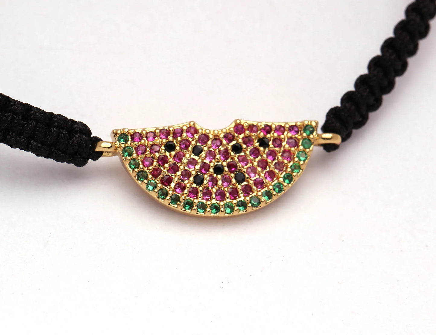 Cubic Zirconia CZ Brass Watermelon Charm Bracelet Women Girl Red String Macrame Square Knot Adjustable Fruit  Jewelry Present