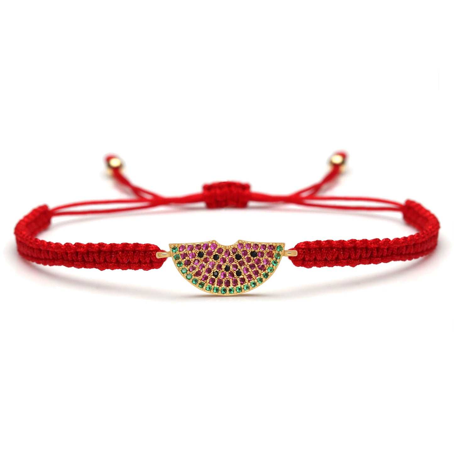 Cubic Zirconia CZ Brass Watermelon Charm Bracelet Women Girl Red String Macrame Square Knot Adjustable Fruit  Jewelry Present