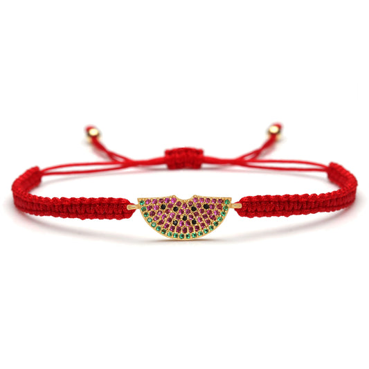 Cubic Zirconia CZ Brass Watermelon Charm Bracelet Women Girl Red String Macrame Square Knot Adjustable Fruit  Jewelry Present