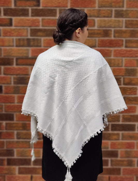 Elegant All White Kufiya (Keffiyeh) | Made in Kashmir - Palestinian Scarf