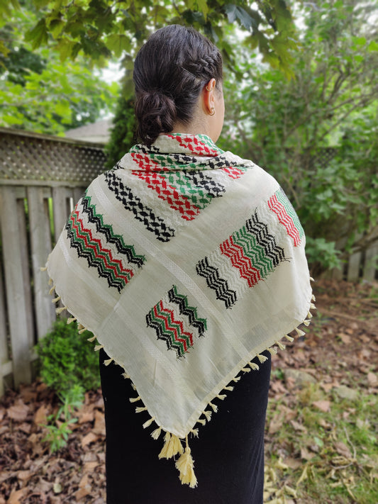 Elegant Beige Kufiya (Keffiyeh) | Flag Colors Threading – Made in Kashmir - Palestinian Scarf