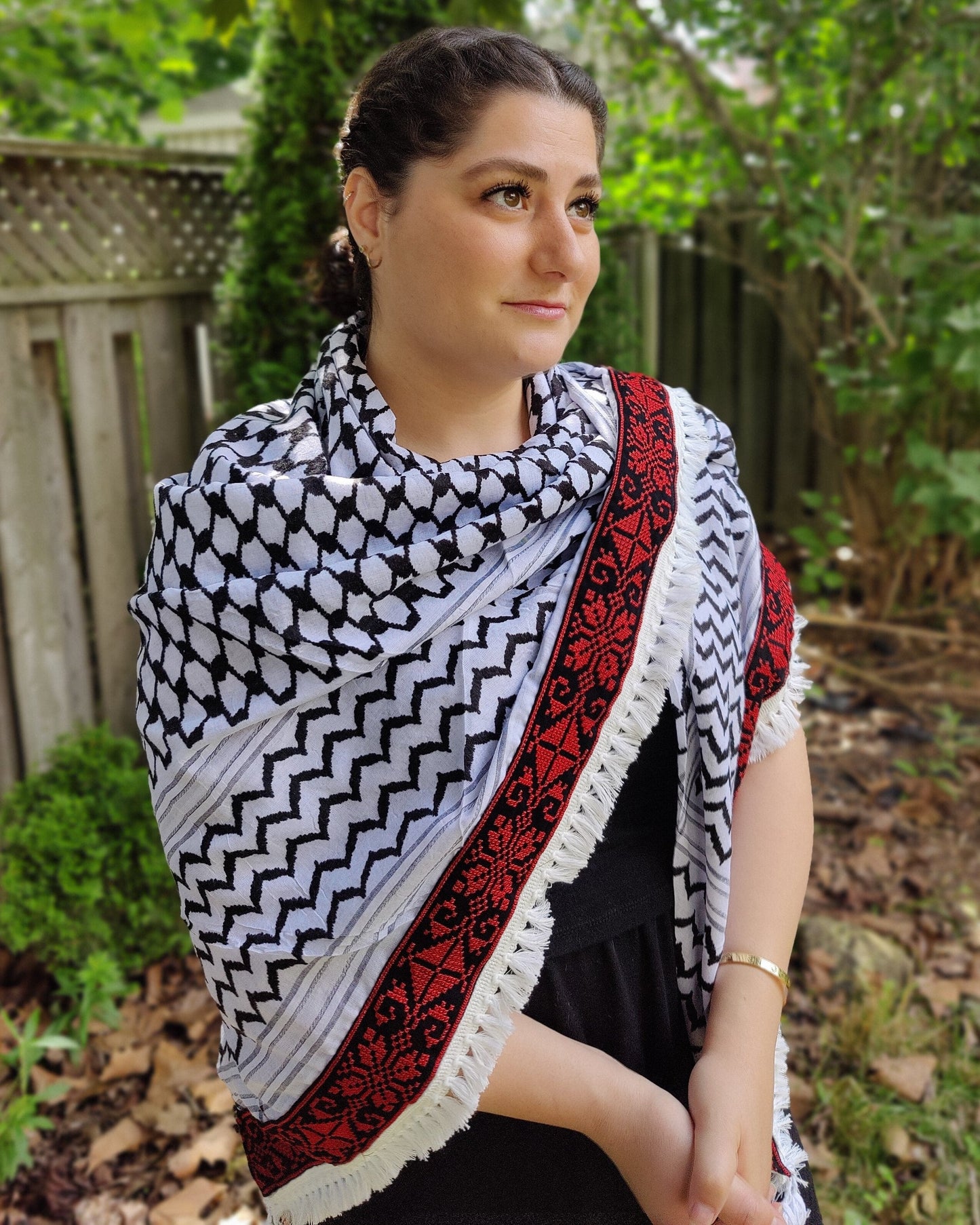 Tatreez Kufiya (Keffiyeh) | Triangle Shawl with Red Embroidered Border – Made in Jordan - Palestinian Scarf
