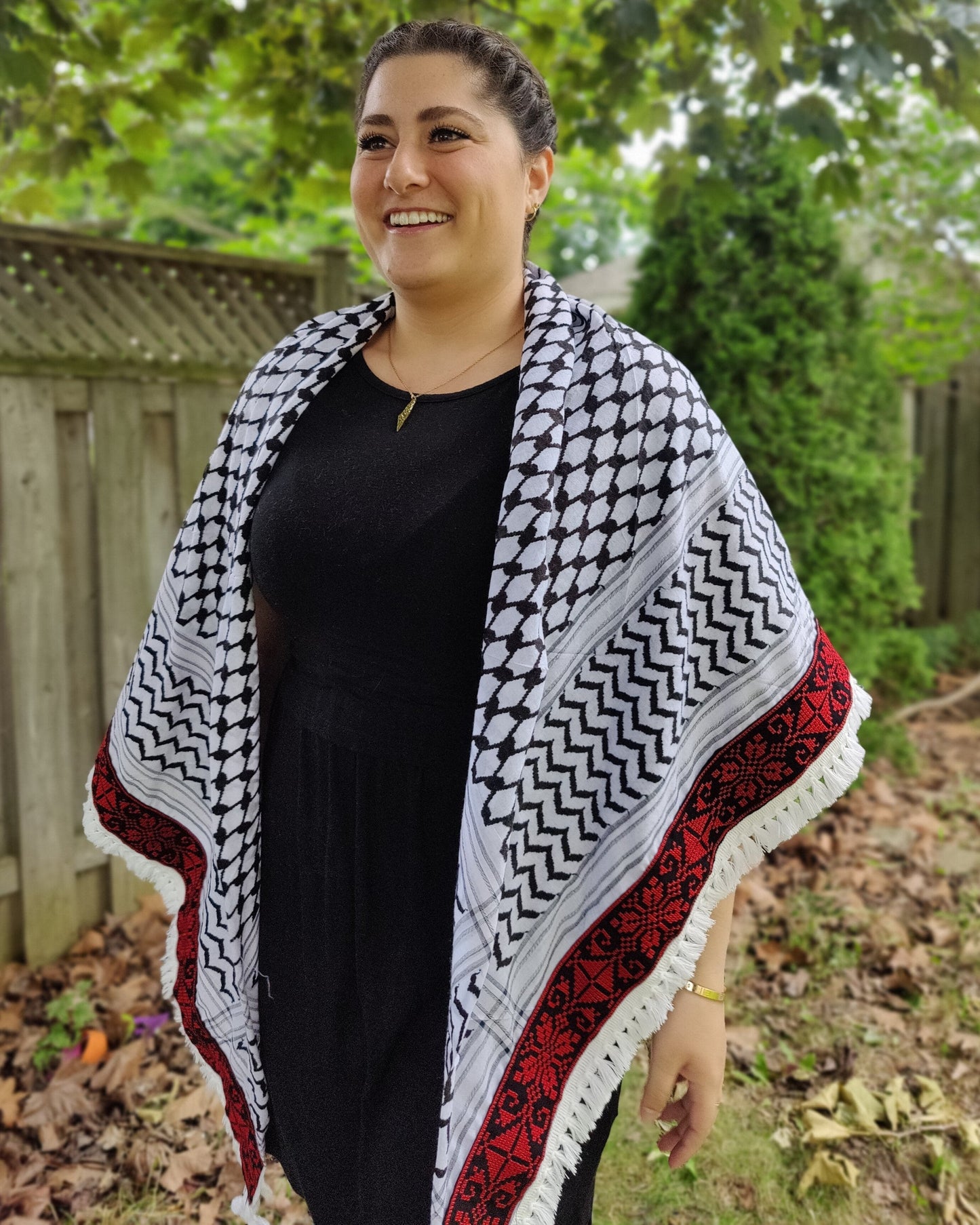 Tatreez Kufiya (Keffiyeh) | Triangle Shawl with Red Embroidered Border – Made in Jordan - Palestinian Scarf